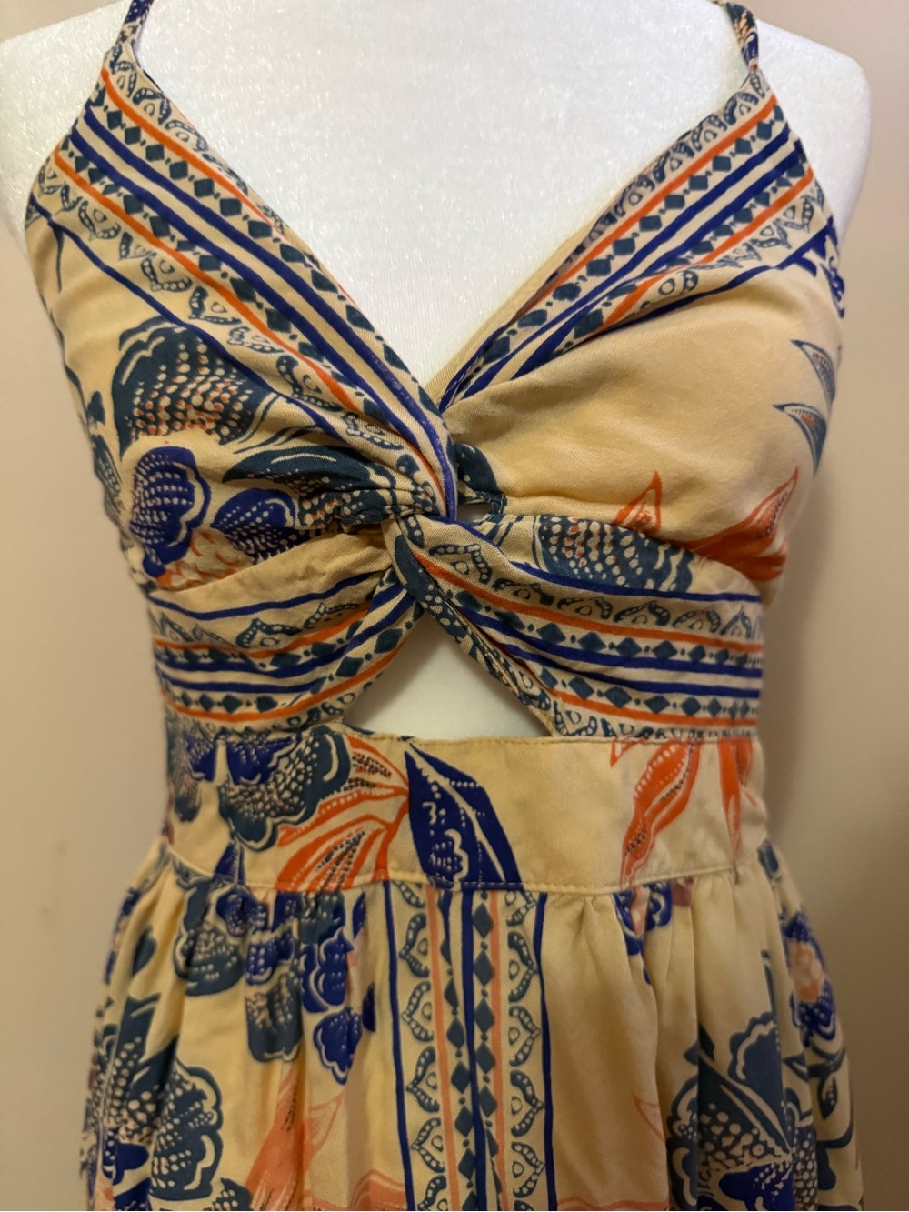 Angie Beige Mini Dress with Navy and Orange Floral Accents - Picture 2 of 4